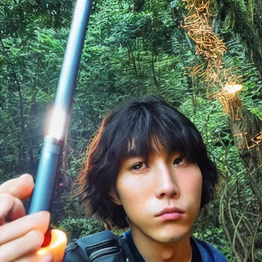 Image similar to korean mowgli, 2 0 years old, with long unkempt and slightly curly hair, holding a torch in one hand and an iphone in the other hand, standing in the jungles of jeju island