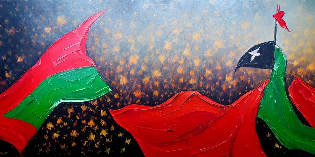 Image similar to dramatic oil painting of freedom for palestine, red green white black