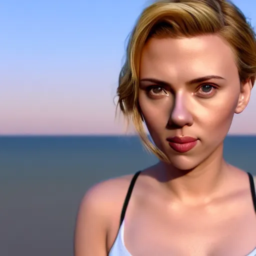 Image similar to 3d Render of a scarlett johansson full round face, short smile, cute sundress, golden hour, serene beach setting, medium shot, mid-shot, highly detailed, trending on Artstation, Unreal Engine 4k