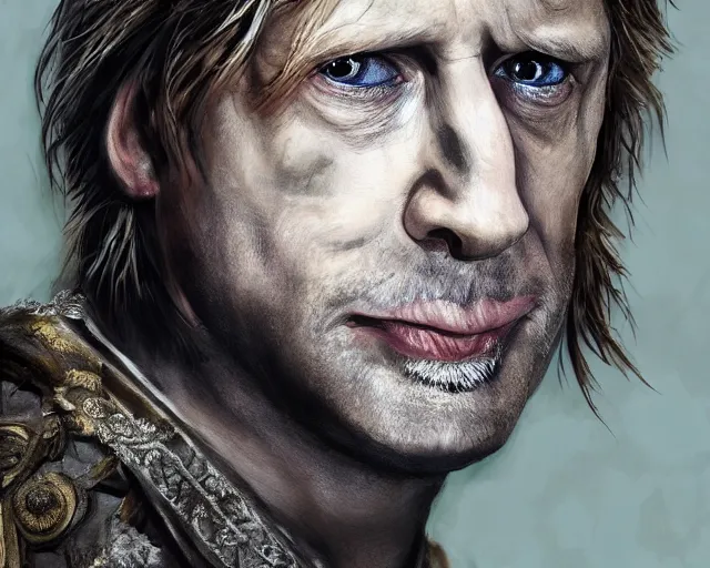 Image similar to boris johnson as aragorn, character art, by various concept artists, hyperrealistic face, photorealistic render