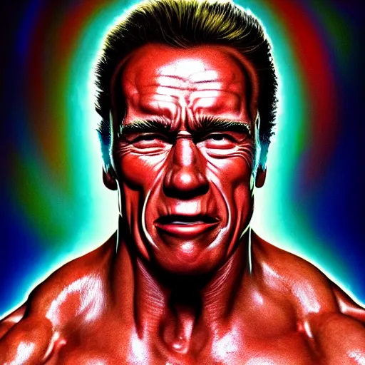 Image similar to I've discovered life, arnold schwarzenegger, ecstatic, infinite power, manic, perfect eyes, full body shot, chemical structures, atoms, molecules, portrait, energized face, noble, transformation, vivid colors, elegant, concept art, sharp focus, digital art, Hyper-realistic, 4K, Unreal Engine, Highly Detailed, HD, Dramatic Lighting by Brom, trending on Artstation