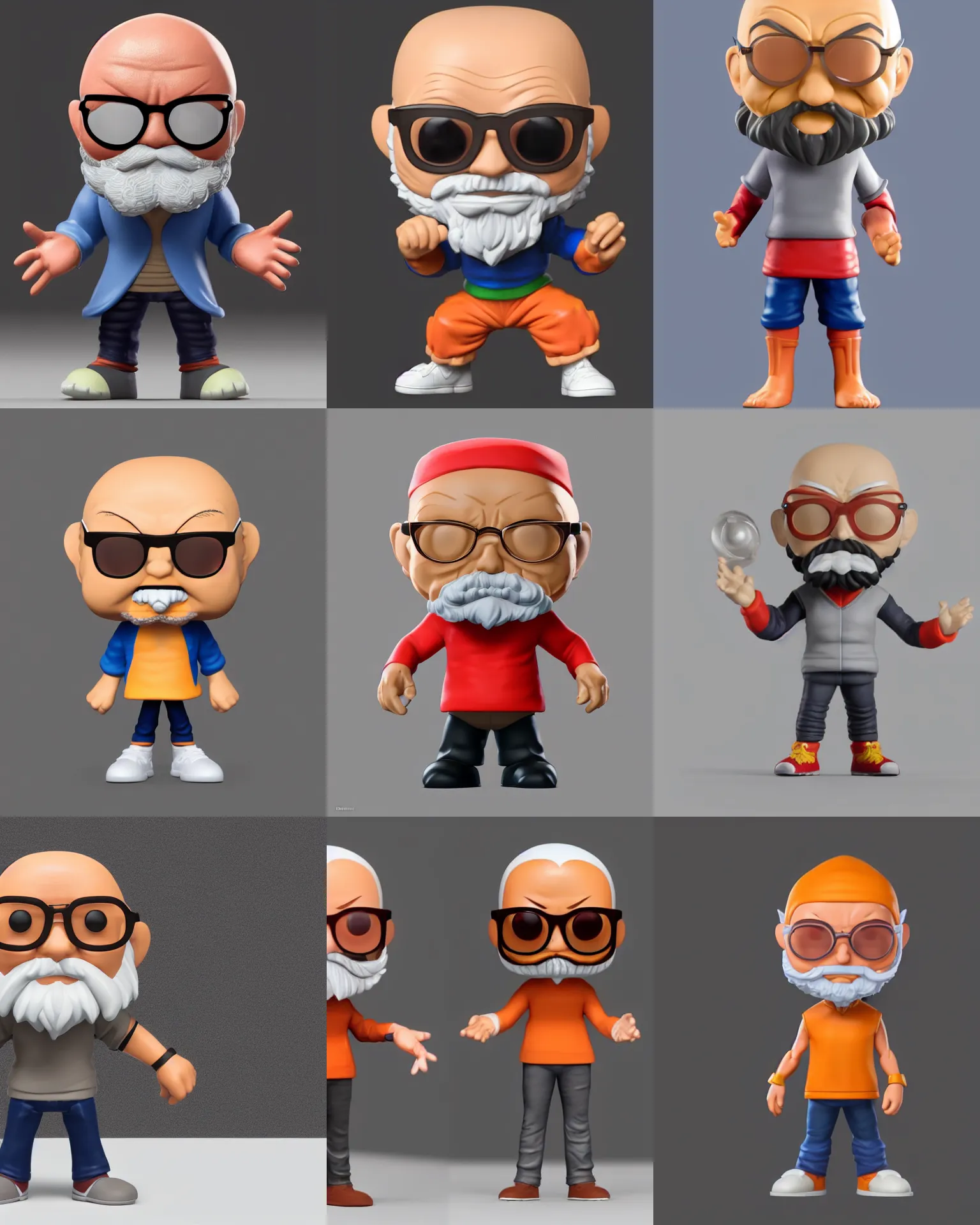 Prompt: full body 3 d render of muten roshi as a funko pop!, studio lighting, grey background, single body, no shadow, blender, trending on artstation, 8 k, highly detailed