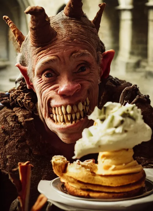 Image similar to closeup portrait of a medieval goblin eating cakes in the cloisters, depth of field, zeiss lens, detailed, symmetrical, centered, fashion photoshoot, by Annie Leibovitz and Steve McCurry, David Lazar, Jimmy Nelsson, Breathtaking, 8k resolution, extremely detailed, beautiful, establishing shot, artistic, hyperrealistic, beautiful face, octane render