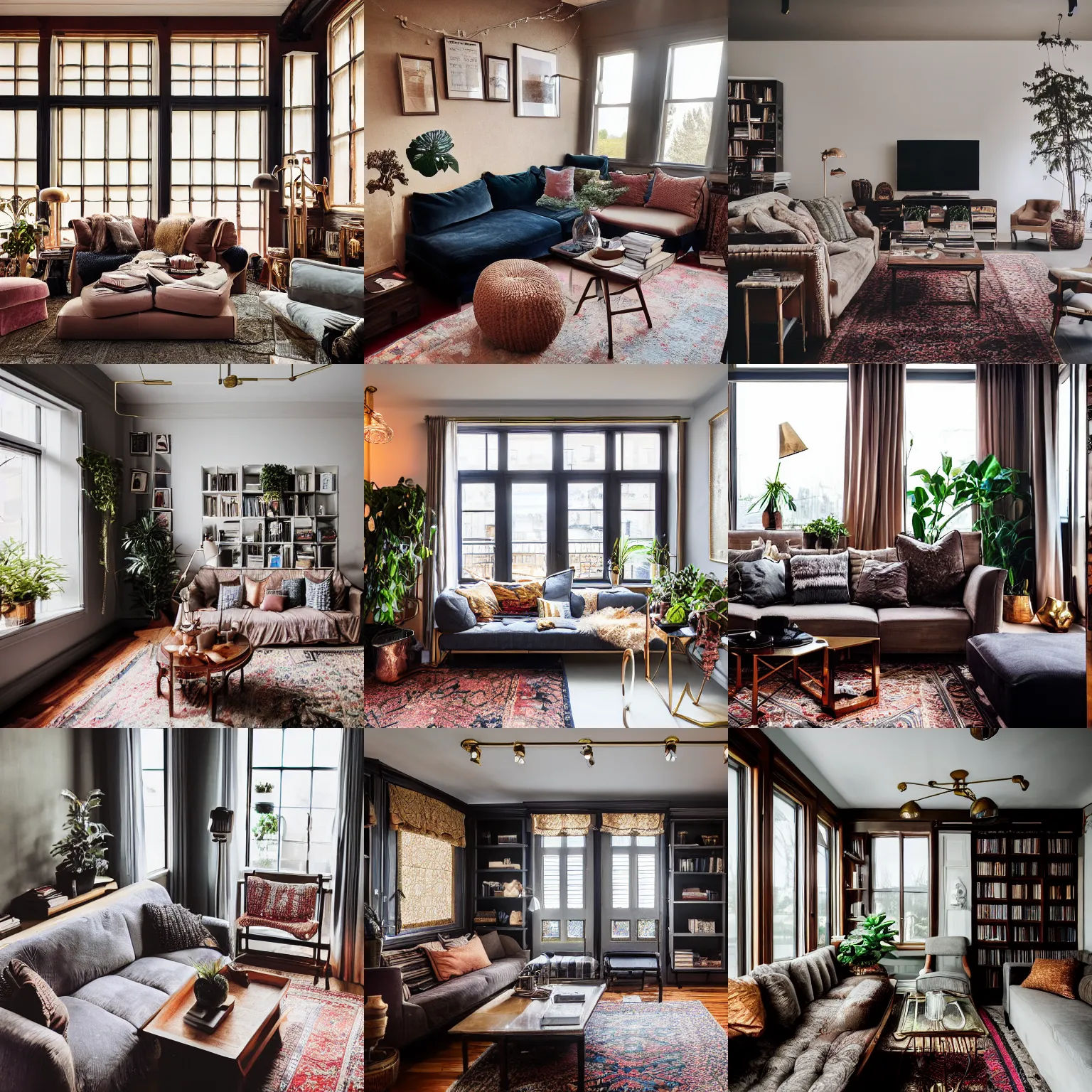 Prompt: insanely detailed wide angle photograph, atmospheric, award winning interior design living room, dusk, cozy and calm, fabrics and textiles, colorful accents, brass, copper, secluded, many light sources, lamps, hardwood floors, book shelf, couch, desk, balcony door, plants
