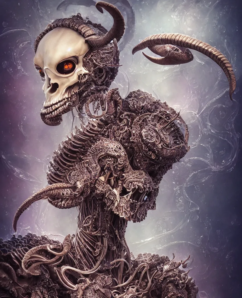 Image similar to close-up macro portrait of the face of a beautiful princess with ram goat satan mask, epic angle and pose, ribcage skeleton symmetrical artwork, 3d with depth of field, blurred background, cybernetic jellyfish female face skull phoenix bird, translucent, nautilus, energy flows of water and fire. a highly detailed epic cinematic concept art CG render. made in Maya, Blender and Photoshop, octane render, excellent composition, cinematic dystopian brutalist atmosphere, dynamic dramatic cinematic lighting, aesthetic, very inspirational, arthouse. y Greg Rutkowski, Ilya Kuvshinov, WLOP, Stanley Artgerm Lau, Ruan Jia and Fenghua Zhong