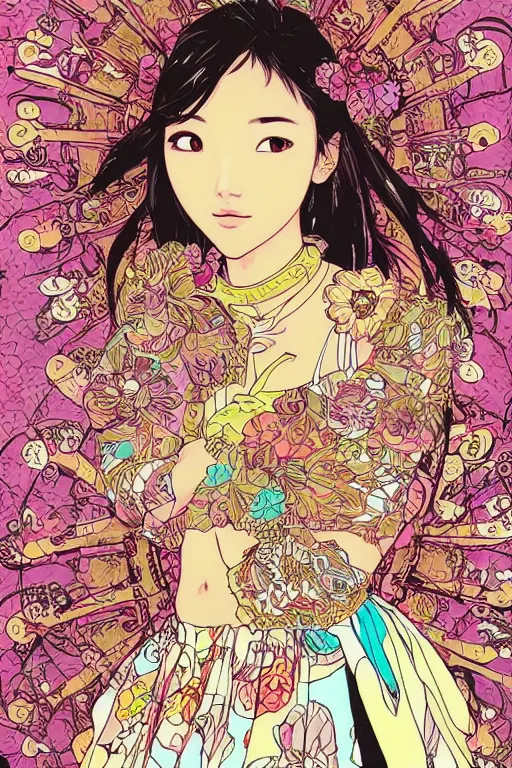 Image similar to beautiful lisa blackpink cyborg portrait girl female illustration detailed patterns art of thai traditional dress, flower pop art, floral splash painting, art by geof darrow, ashley wood, alphonse mucha, makoto shinkai