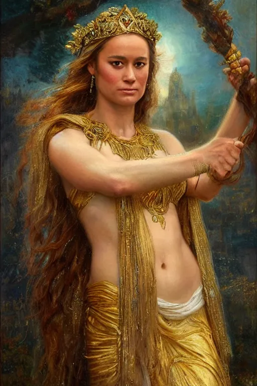 Image similar to portrait of brie larson as a greek goddess. art by gaston bussiere.