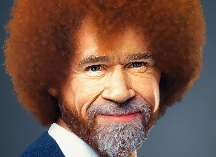 Image similar to a hyper-detailed oil portrait of Bob Ross; an extraordinary masterpiece!!!; flawless; proud posture; photorealistic eyes; trending on artstation; f/1.4; 90mm