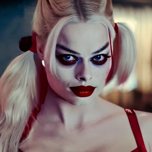 Image similar to Margot Robbie as real-life Harley Quinn, cinematic, Wide-shot, atmospheric lighting, directed by Quentin Tarantino, extreme detail, 8K, movie still