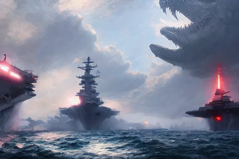 Prompt: aircraft carrier attacked by a giant sea monster, epic, beautiful composition by greg rutkowski, artstation, sea battle scene, sea monster, ship, highly detailed