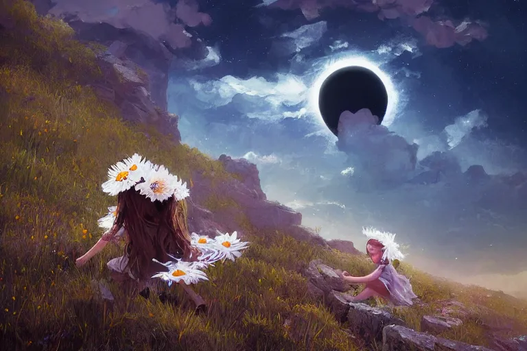 Image similar to giant white daisy flower crown on head, girl playing on cliff, surreal photography, solar eclipse, milky way, dramatic light, impressionist painting, clouds, digital painting, artstation, james gilleard, liam wong, jeremy mann, simon stalenhag