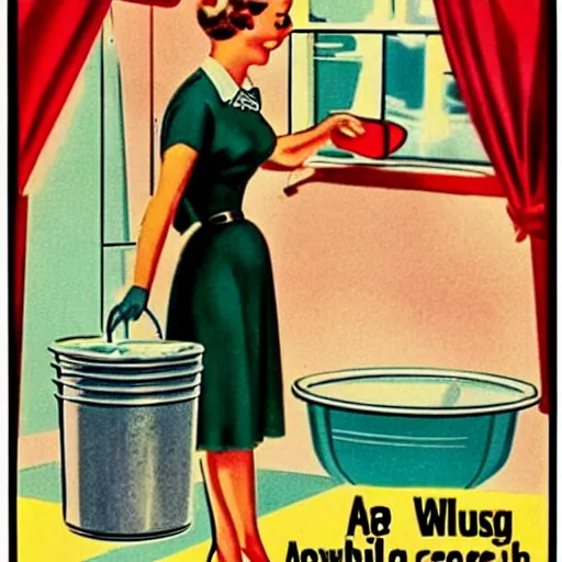 Image similar to a vintage poster of a 1 9 5 0's house wife washing money