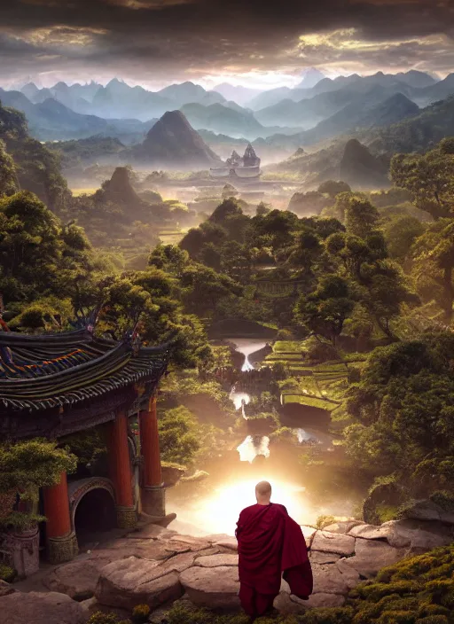 Image similar to a cosmic monk in lord of the rings scenery landscape, looking out at a vast lush valley at sunrise, huge ancient chinese temple in the distance, god's rays, highly detailed, vivid color, cinematic lighting, perfect composition, 8 k, gustave dore, derek zabrocki, greg rutkowski, belsinski, octane render