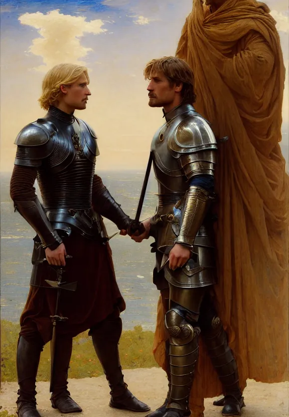 Image similar to attractive handsome fully clothed jaime lannister confesses his love for attractive fully armored brienne of tarth. two knights in love. highly detailed painting by gaston bussiere and j. c. leyendecker and william adolphe bouguereau and fra angelico and octane render, musee d'orsay 8 k