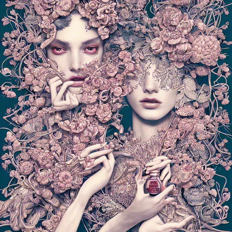 Image similar to fragrance advertising campaign by james jean, highly detailed, intricate, very beautiful