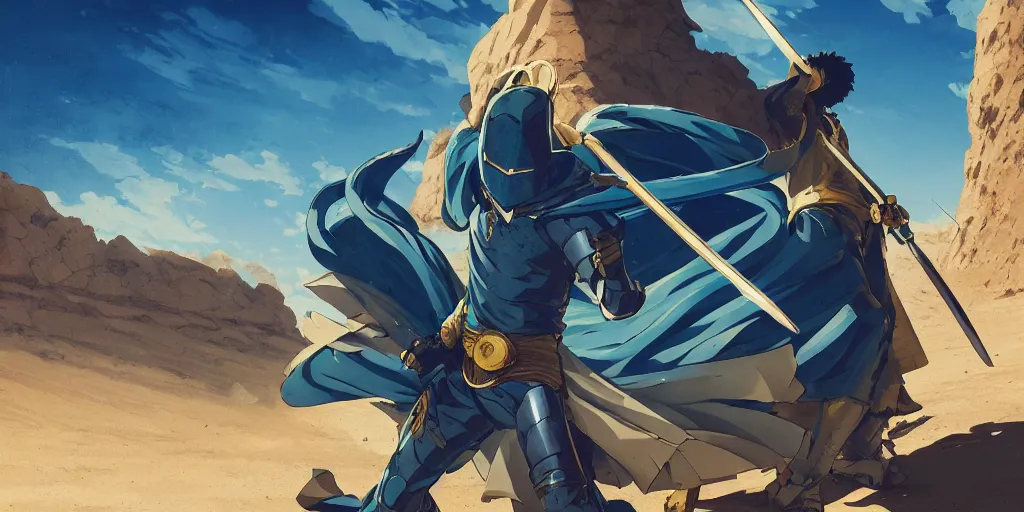 Image similar to blue knight holding a gold sword, green hatchback car screen left, low wide angle, anime, desert landscape, greg rutkowski, Murata, one punch man manga, cinematic, digital art, hyper realistic