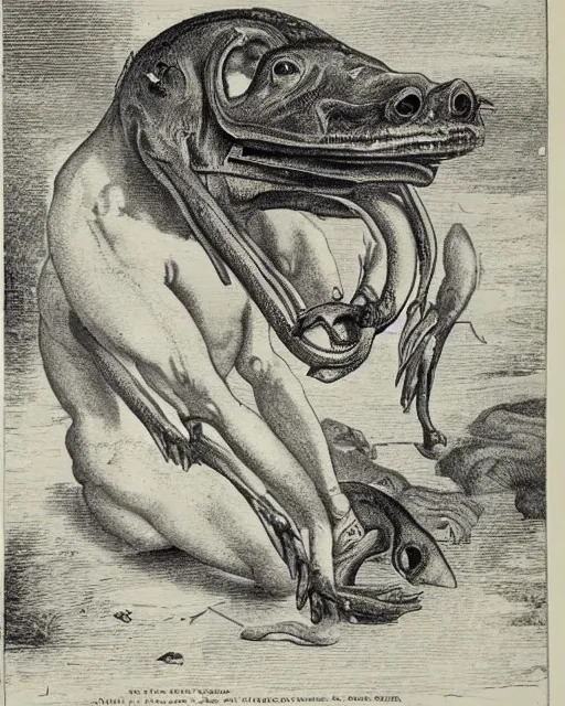 Image similar to A victorian naturalist\'s illustration of a montauk monster, anatomical notes with labels, pen and ink