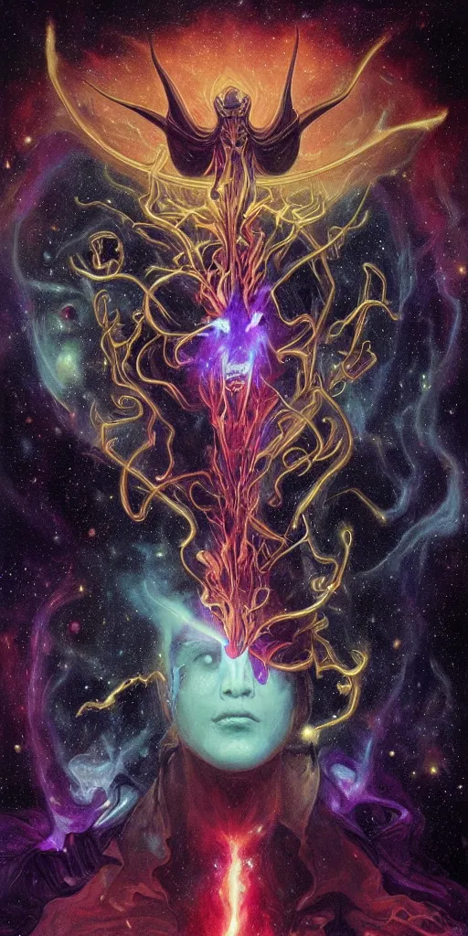 Image similar to intense glowing egyptian god with horns and intense black eyes with a skull on fire in very dark cosmic nebula by artgerm and beksinski and alphonse mucha, portrait, fantasy, clear, light beams, lens flare, intense, uhd, amazing depth, cinematic lighting, black and purple and shining gold