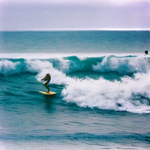 Prompt: senior citizens surfing in Hawaii, 35mm film