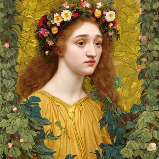 Image similar to masterpiece beautiful seductive flowing curves preraphaelite face midsommar portrait of julia garner as the may queen, flower crown, amongst leaves, yellow ochre ornate medieval dress, amongst foliage, gold gilded circle halo, kilian eng and frederic leighton and rosetti, 4 k