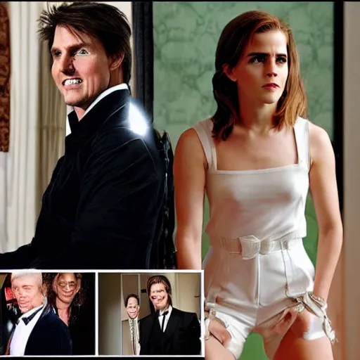 Image similar to ( tom cruise jumping on couch and screaming ) ( emma watson standing in corner )