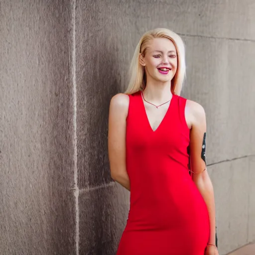 Image similar to photo of slim girl model, blonde, smiling , 20yo, wearing a red dress with high slit, high detail, studio, sharp, 85mm sigma art lens