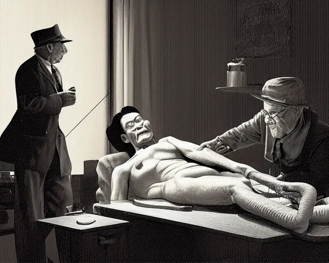 Image similar to the famous snake oil salesman Uncle Aloysius curing a patient of their bearishness, painting by Grant Wood, 3D rendering by Beeple, sketch by R. Crumb