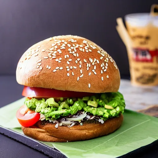 Prompt: Cemitas Fried chicken, chipotle Spread, oaxaca cheese, tomato, cilantro, onion and avocado on sesame seed bun, food photography, 4k