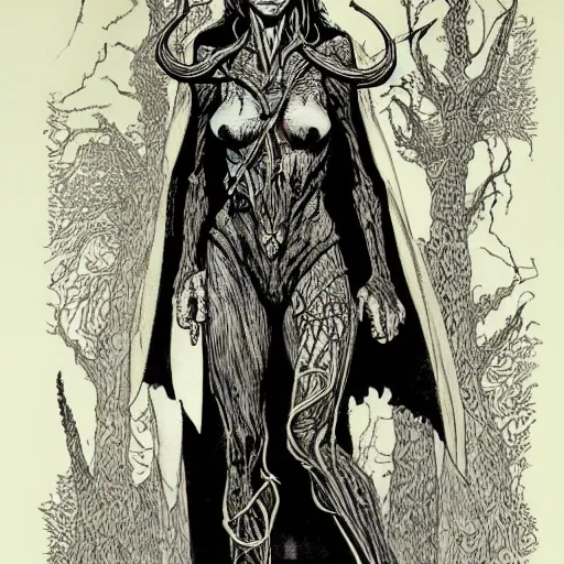 Prompt: full body of an elven witch,intricate, veins, by Hugo pratt, ultradetailed