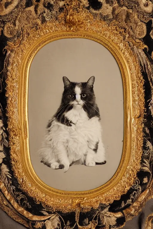Prompt: a ambrotype portrait of a royal cat, outrageously fluffy, on an embroidered velvet cushion on a neo - rococo gilded little bed, photorealistic, photography, wide shot