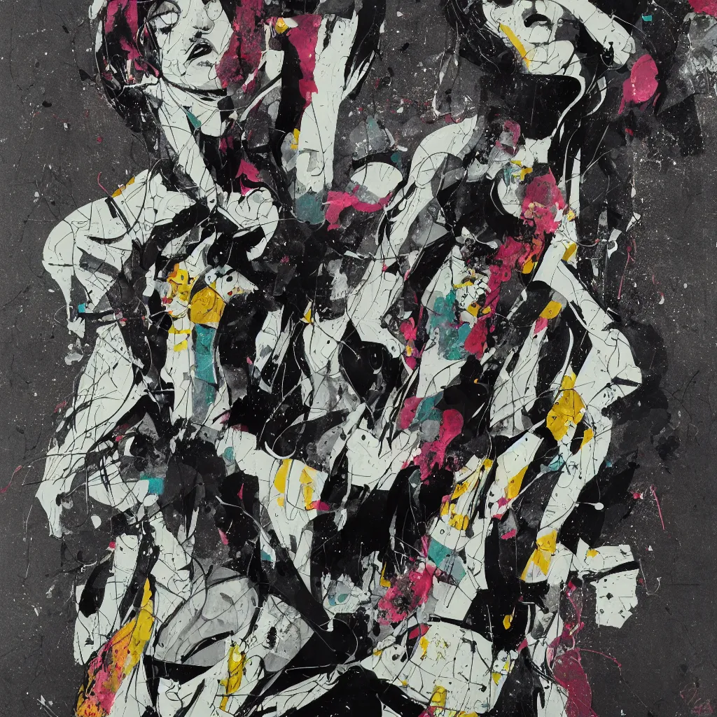 Image similar to girl figure, abstract, jet set radio artwork, ryuta ueda artwork, cryptic, rips, spots, asymmetry, stipple, lines, splotch, color tearing, pitch bending, stripes, dark, ominous, eerie, hearts, minimal, points, technical, old painting, natsumi mukai artwrok, folds