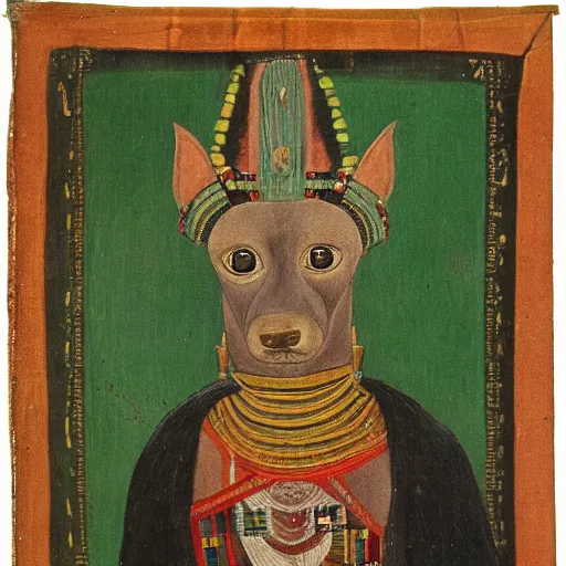 Prompt: portrait of a peruvian hairless dog as incan emperor, incan painting 1 3 0 0