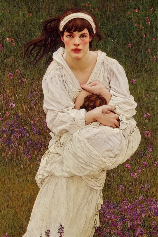 Prompt: beautiful natural coy liv tyler cottagecore peasant maiden farmer girl by the riverside, intricate, elegant, highly detailed, digital painting, artstation, concept art, smooth, sharp focus, illustration, art alphonse mucha and james gurney and egon schiele