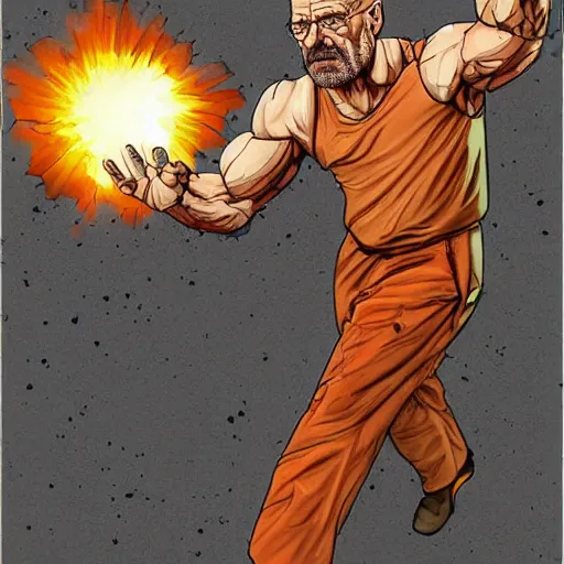 Image similar to buff Walter White walking out of an explosion, accurate anatomy, accurate hands, highly detailed, digital art,