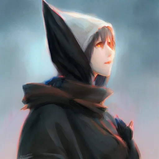 Prompt: portrait of a witch fire with hoodie by Krenz Cushart and wlop