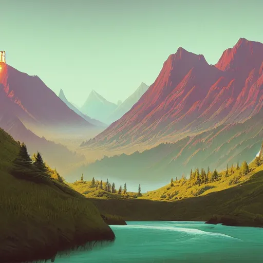 Prompt: A large picturesque mountain with a river flowing between them by Simon stålenhag