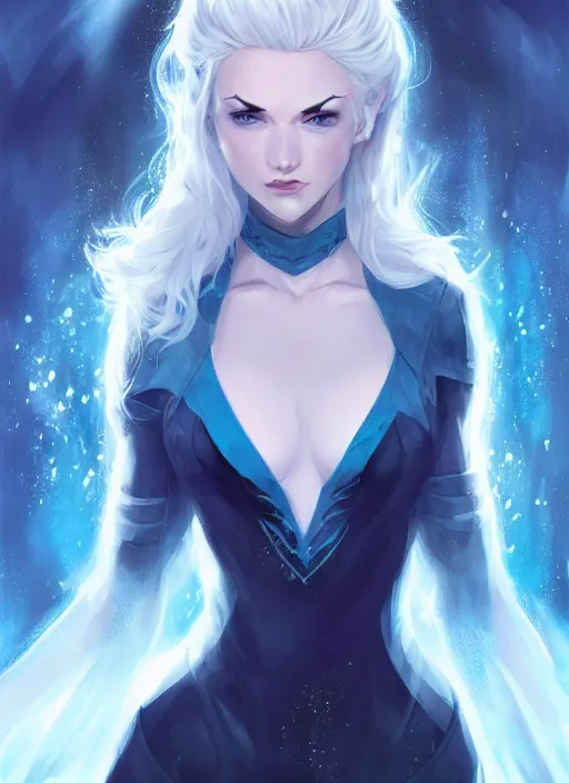 Prompt: portrait of alluring cryomancer, face details, dark blue clothes, unbuttoned camisole, ice powers, white hair, blue eyes, pale skin, high fantasy, extremely detailed, smooth, sharp focus, illustration, by rossdraws, frank franzzeta, artgerm, collectable card art