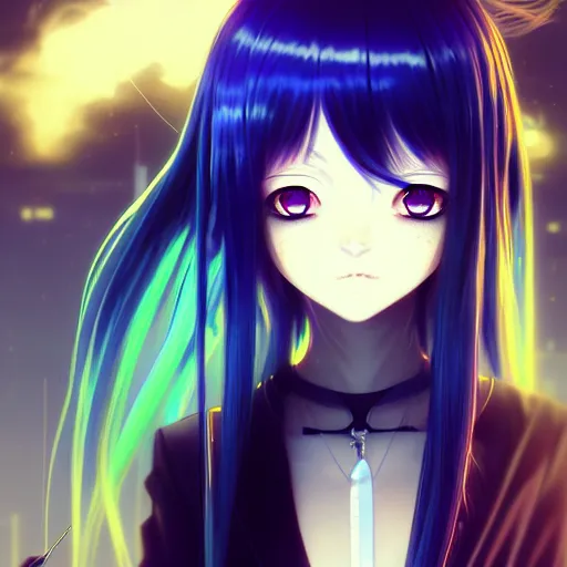 Image similar to gold eyes, long blue hair, anime girl, bangs, gothic, anime character, noir, screenshot, anime, sharp focus, intricate, illustration, cell shaded, digital painting, highly detailed, concept art, matte, art by ilya kuvshinov, wlop, greg rutkowski, studio quality, james jean, artem demura