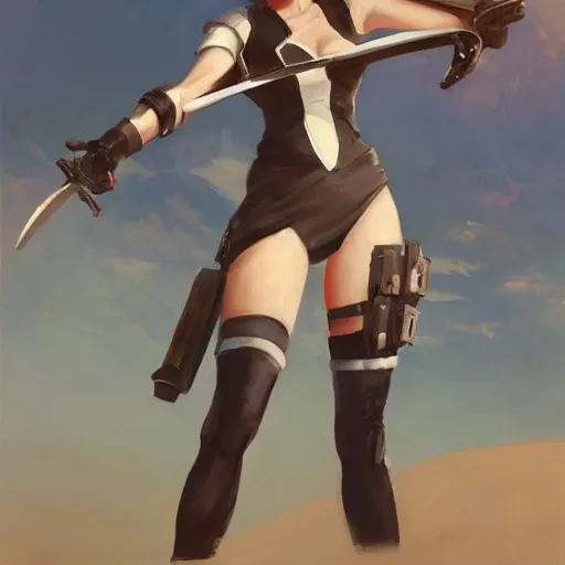 Image similar to greg manchess portrait painting of 2 b nier automata as tracer from overwatch on the beach holding a sword, organic painting, sunny day, matte painting, bold shapes, hard edges, street art, trending on artstation, by huang guangjian and gil elvgren and sachin teng