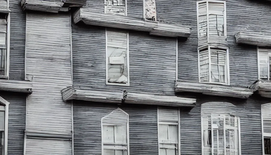 Prompt: in american cities, in modern times, there is a weird rental house with four floors high and a water tank on the roof. the color of the picture is gray and the painting style is retro