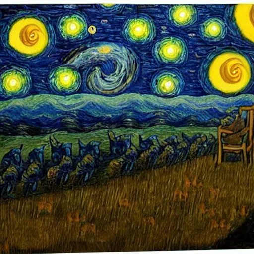 Image similar to van goh a starry night with kittens staring at the moon