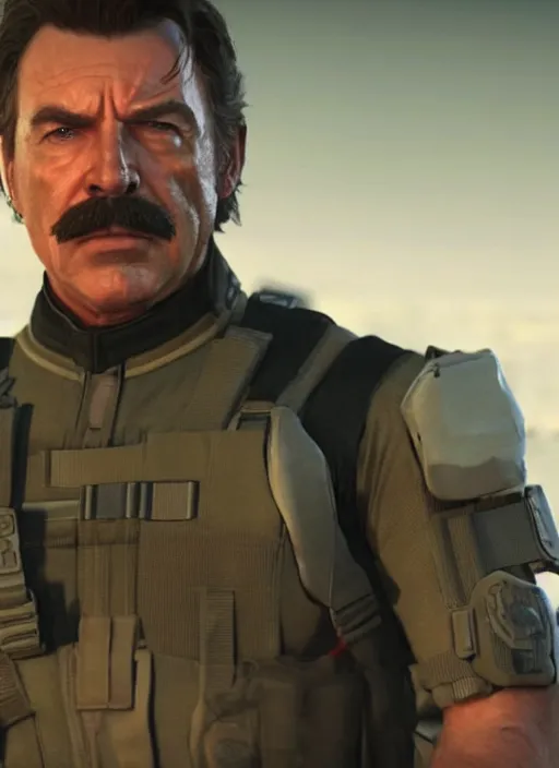 Image similar to film still of tom selleck as snake in metal gear solid the phantom pain, gameplay, 8 k, hd