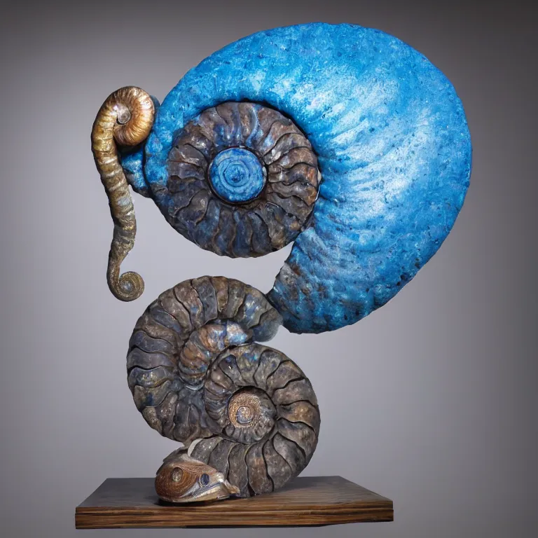 Image similar to hyperrealistic sculpture of a bronze fossilized snail ammonite dusted with blue spraypaint on a pedestal by ron mueck and duane hanson and lee bontecou, hyperrealistic dramatic colored lighting trending on artstation 8 k