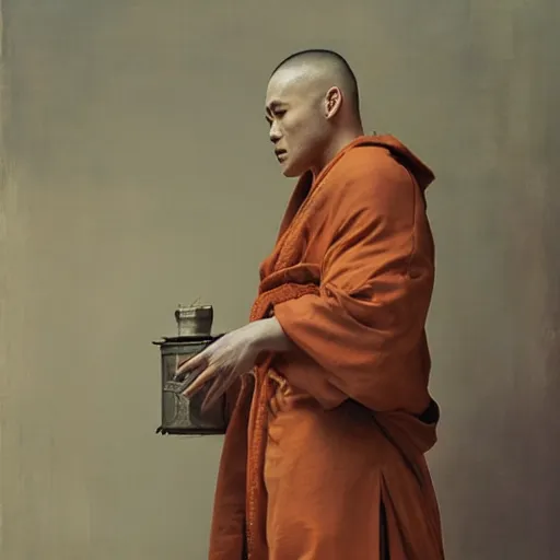 Prompt: attractive canine wolf wearing a monk robes holding invense burner. natural lighting by ruan jia, portrait