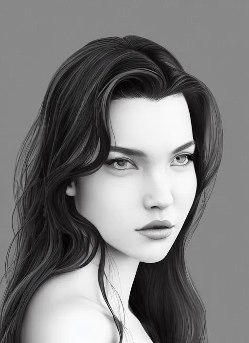 Image similar to full body portrait of a beautiful young woman in black and white, photorealistic, hair down to waist, sharp focus, in the style of Kevin Kostic, Stephen Lau and artgerm, hyper sharp focus, 8k highly detailed