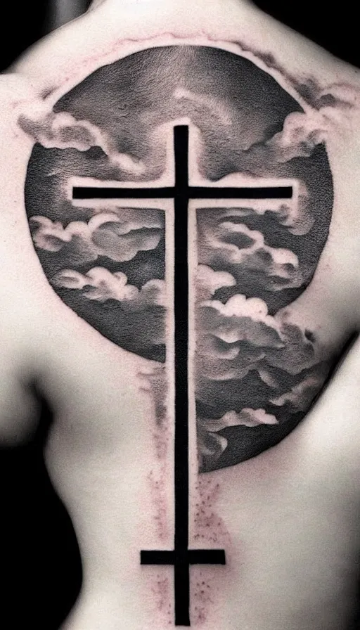 Image similar to tattoo art, gothic cross with a sky background, white and black