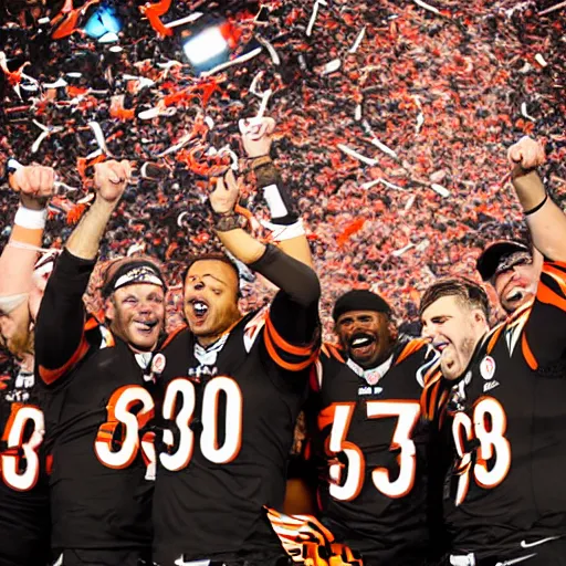 Prompt: the Cincinnati Bengals win the Lombardi trophy, confetti, 8k sports photography