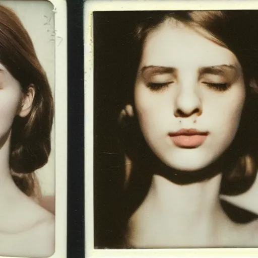 Prompt: a beautiful face of a young pale woman with closed eyes, small lips pointy nose, cheeks, and brown hair in two buns, smiling seductivly at you, polaroid