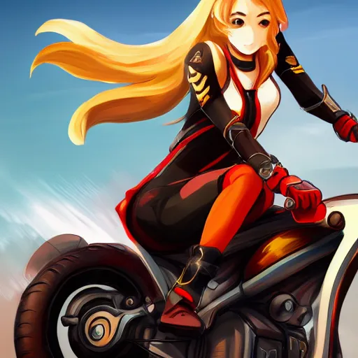 Prompt: Yang Xiao Long from RWBY riding a motorbike highly detailed, digital painting, artstation, concept art, sharp focus