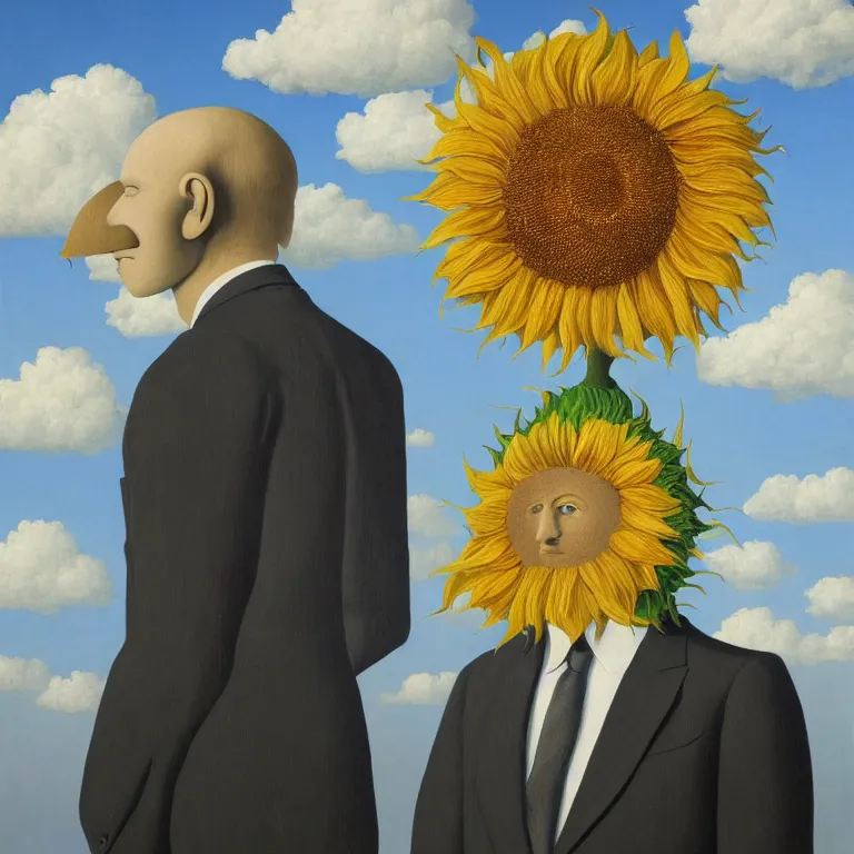 Image similar to portrait of a faceless sunflower - head man in a suit, clouds in the background, by rene magritte, detailed painting, distance, centered, hd, hq, high resolution, high detail, 4 k, 8 k